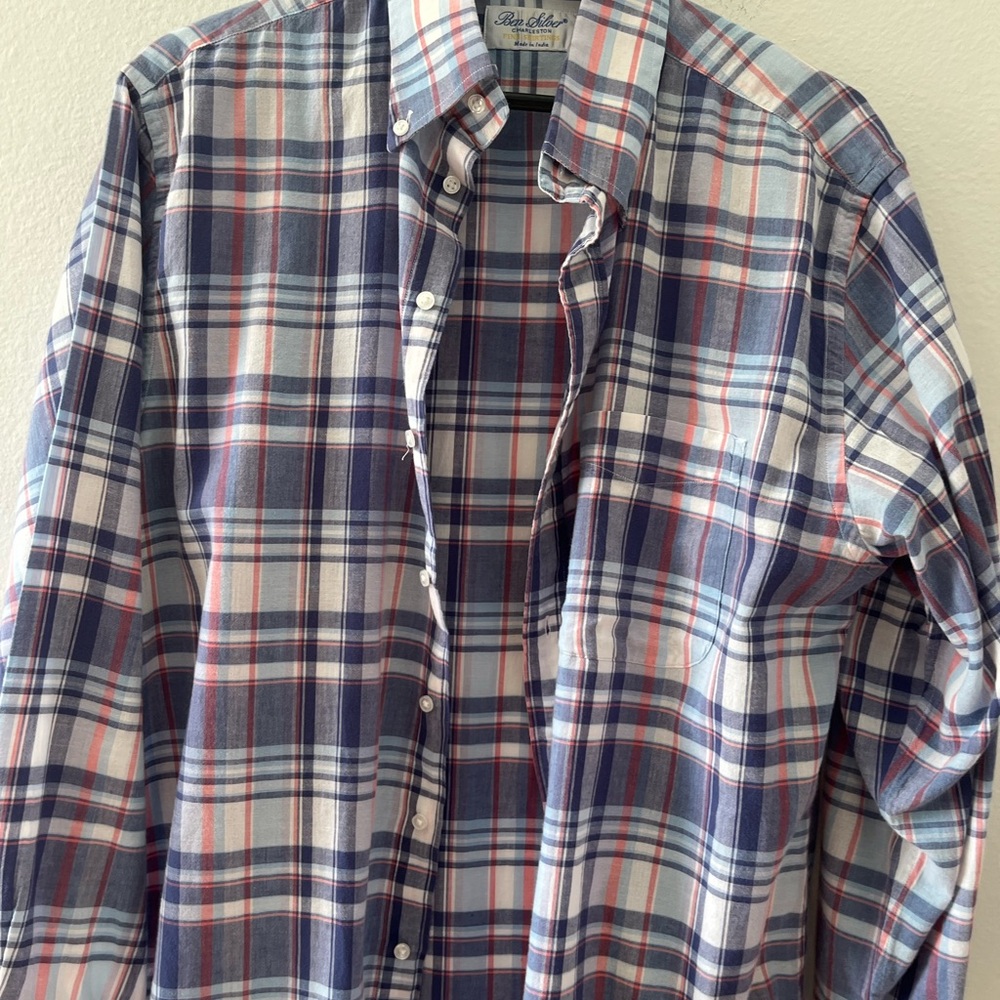 Ben Silver Men's Plaid Button-Down Shirt - Navy, White & Red